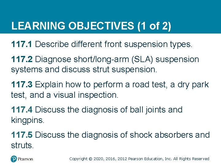 LEARNING OBJECTIVES (1 of 2) 117. 1 Describe different front suspension types. 117. 2