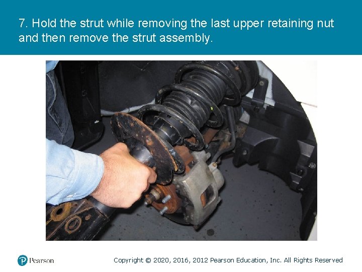 7. Hold the strut while removing the last upper retaining nut and then remove
