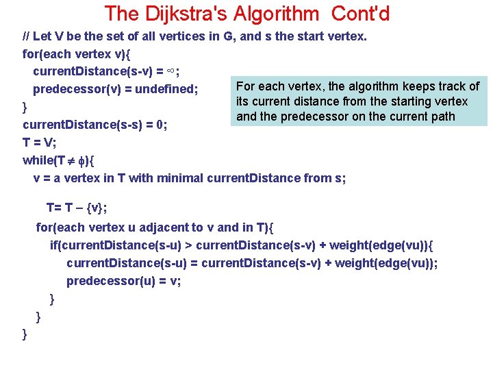 The Dijkstra's Algorithm Cont'd // Let V be the set of all vertices in