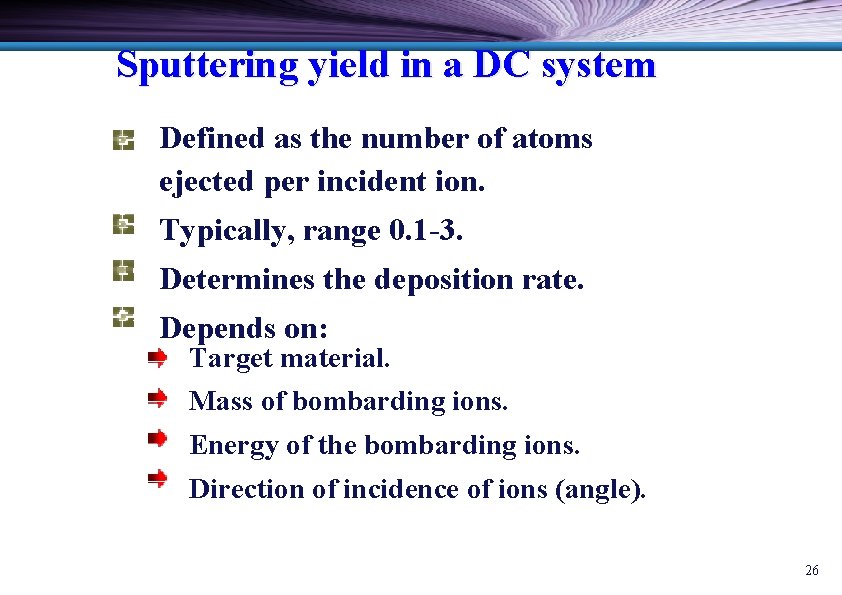 Sputtering yield in a DC system Defined as the number of atoms ejected per