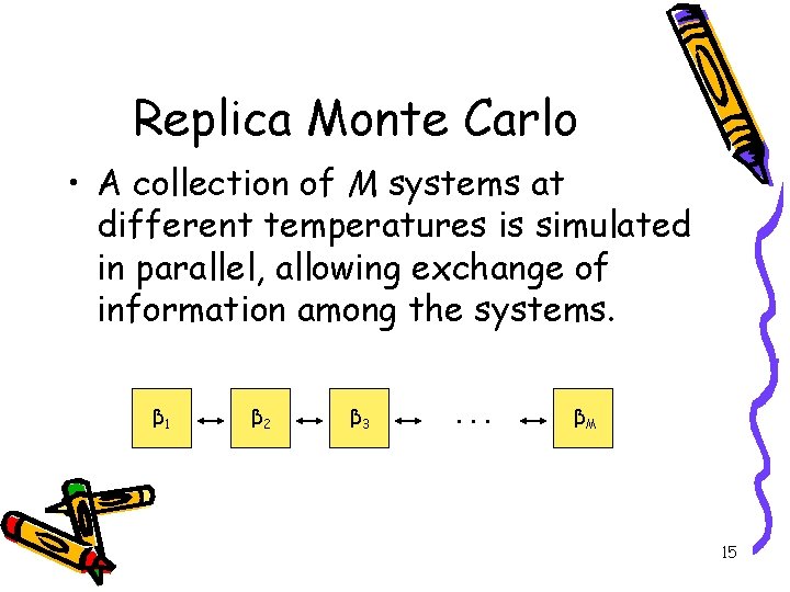 Replica Monte Carlo • A collection of M systems at different temperatures is simulated