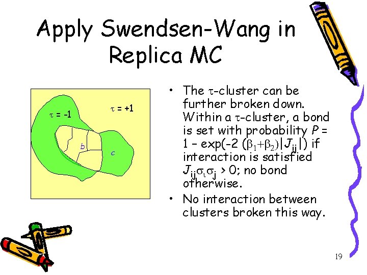 Apply Swendsen-Wang in Replica MC = +1 = -1 b c • The -cluster