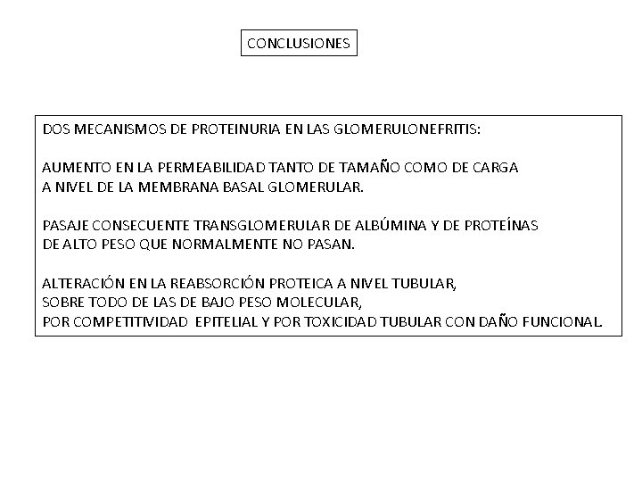 CONCLUSIONES DOS MECANISMOS DE PROTEINURIA EN LAS GLOMERULONEFRITIS: AUMENTO EN LA PERMEABILIDAD TANTO DE