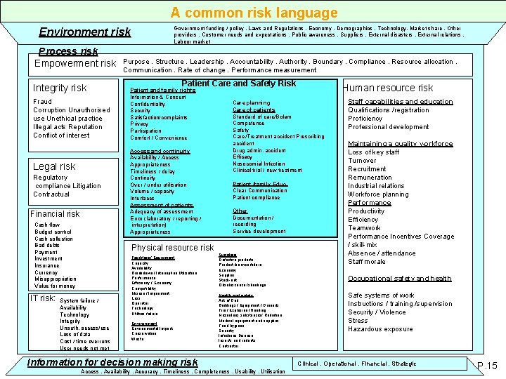 A common risk language Government funding / policy. Laws and Regulations. Economy. Demographics. Technology.