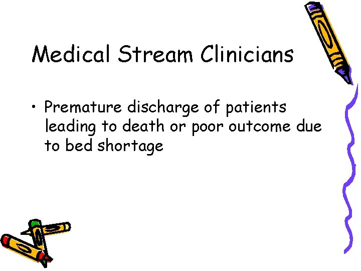 Medical Stream Clinicians • Premature discharge of patients leading to death or poor outcome