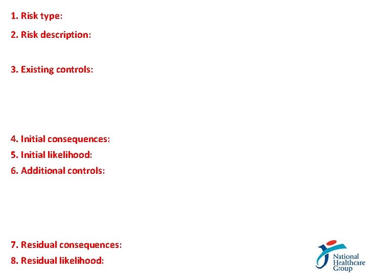 1. Risk type: 2. Risk description: 3. Existing controls: 4. Initial consequences: 5. Initial