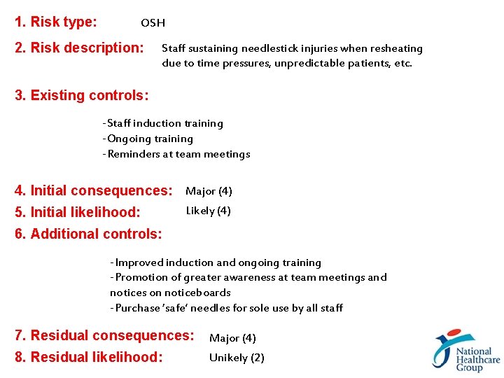 1. Risk type: OSH 2. Risk description: Staff sustaining needlestick injuries when resheating due