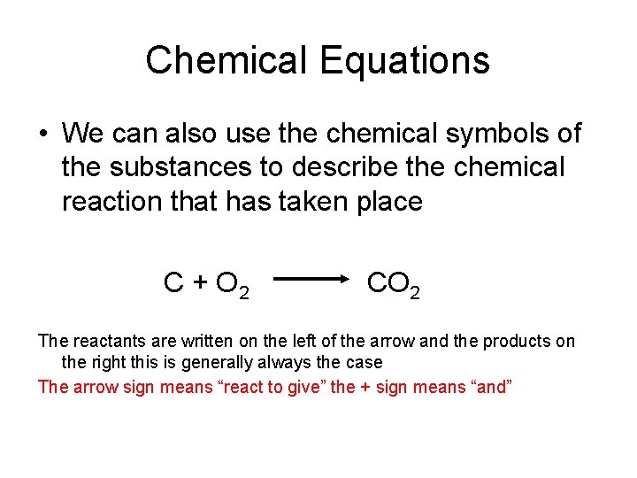 Chemical Equations • We can also use the chemical symbols of the substances to