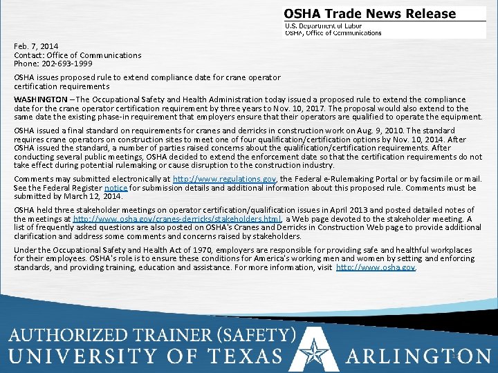 Feb. 7, 2014 Contact: Office of Communications Phone: 202 -693 -1999 OSHA issues proposed