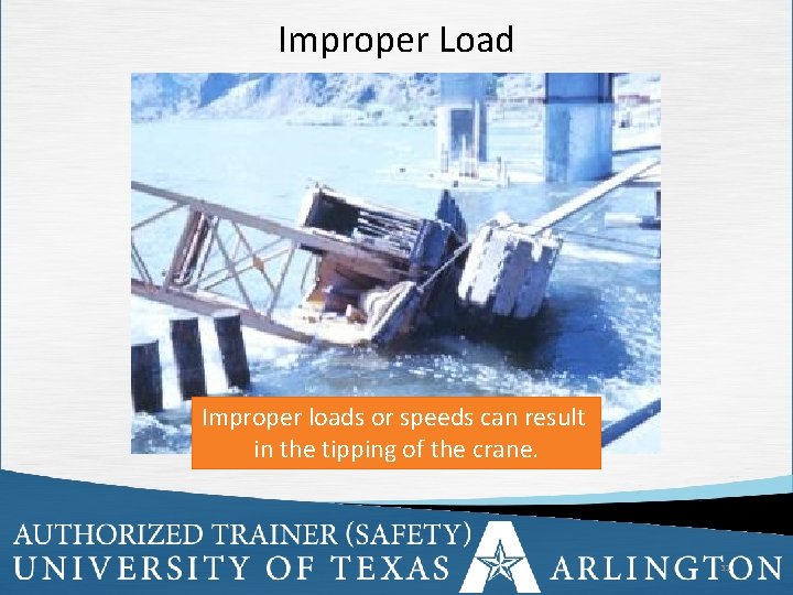 Improper Load Improper loads or speeds can result in the tipping of the crane.