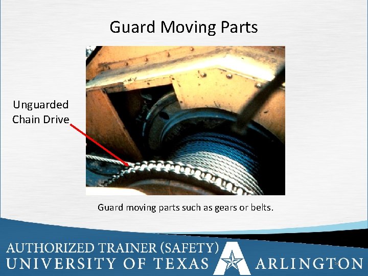 Guard Moving Parts Unguarded Chain Drive Guard moving parts such as gears or belts.