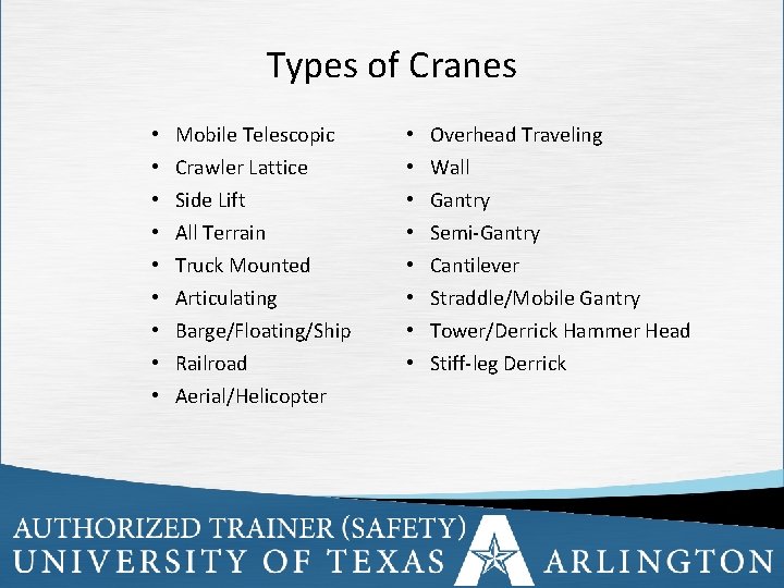 Types of Cranes • • • Mobile Telescopic Crawler Lattice Side Lift All Terrain