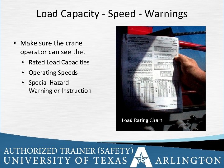 Load Capacity - Speed - Warnings • Make sure the crane operator can see