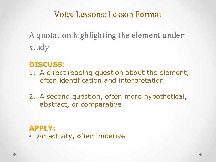 Voice Lessons: Lesson Format A quotation highlighting the element under study DISCUSS: 1. A