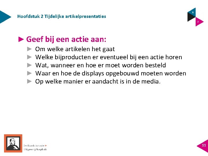 Hoofdstuk 2 Tijdelijke artikelpresentaties ► Geef bij een actie aan: ► ► ► Om