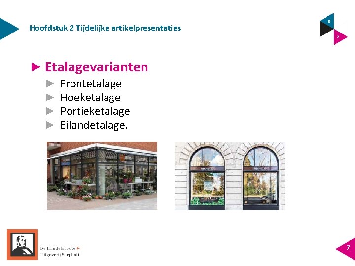 Hoofdstuk 2 Tijdelijke artikelpresentaties ► Etalagevarianten ► ► Frontetalage Hoeketalage Portieketalage Eilandetalage. 7 