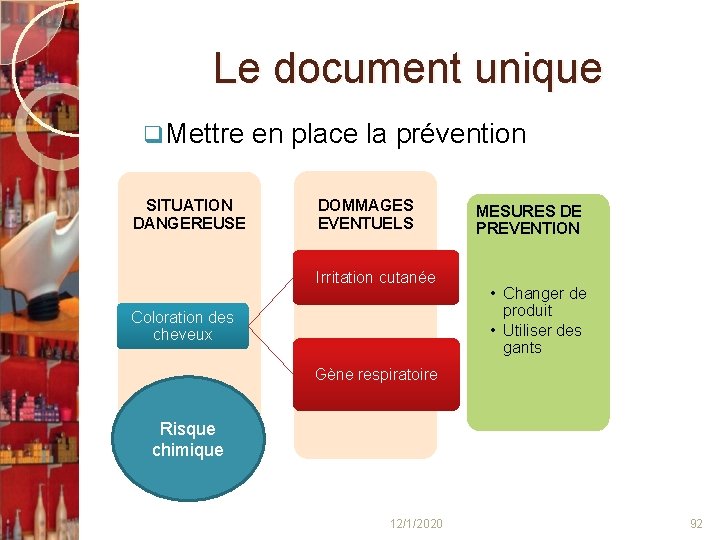 Le document unique q Mettre en place la prévention SITUATION DANGEREUSE DOMMAGES EVENTUELS Irritation