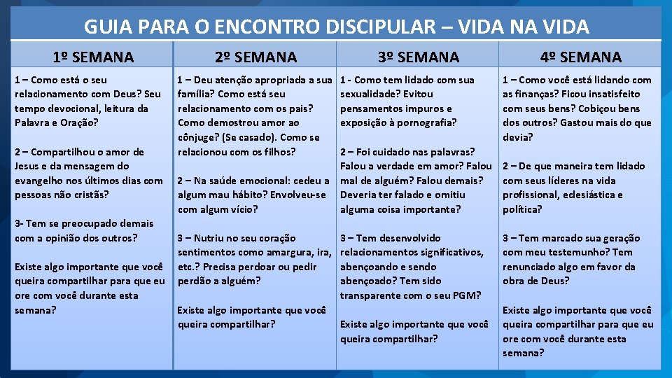 GUIA PARA O ENCONTRO DISCIPULAR – VIDA NA VIDA 1º SEMANA 2º SEMANA 3º