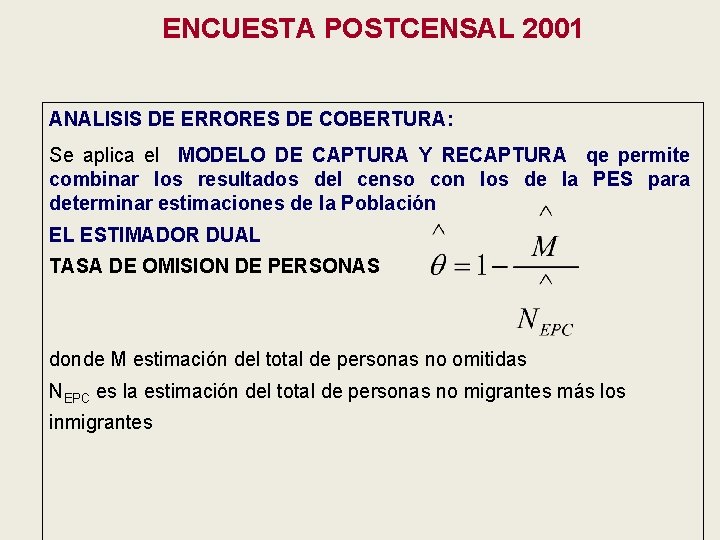 ENCUESTA POSTCENSAL 2001 ANALISIS DE ERRORES DE COBERTURA: Se aplica el MODELO DE CAPTURA