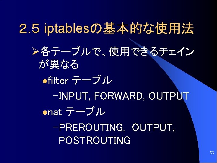 ２. ５ iptablesの基本的な使用法 Ø各テーブルで、使用できるチェイン が異なる lfilter テーブル –INPUT, FORWARD, OUTPUT lnat テーブル –PREROUTING, OUTPUT,