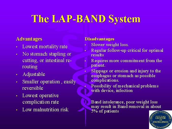 The LAP-BAND System Advantages • Lowest mortality rate • No stomach stapling or cutting,