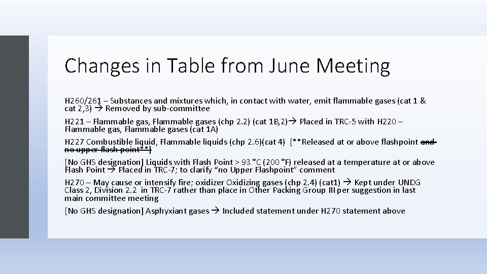 Changes in Table from June Meeting H 260/261 – Substances and mixtures which, in Changes in Table from June Meeting H 260/261 – Substances and mixtures which, in