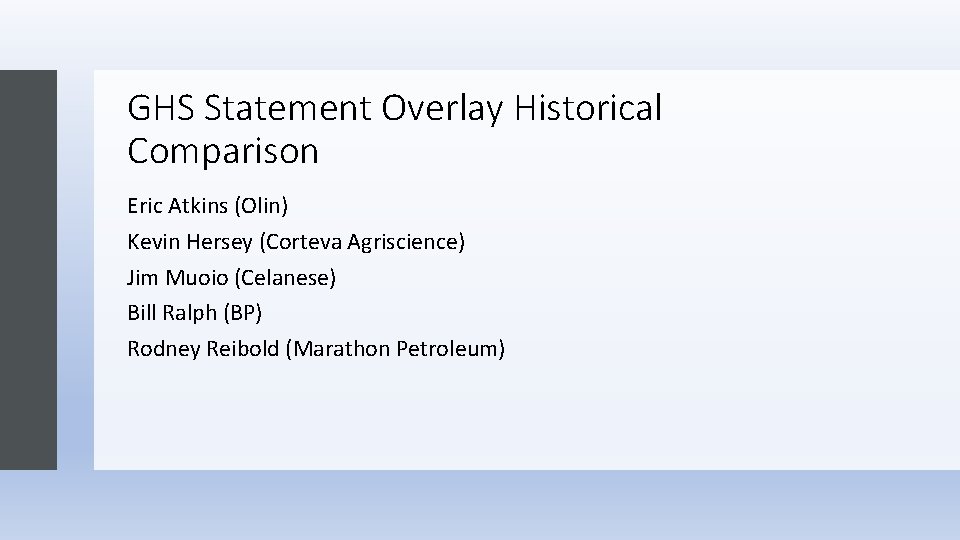 GHS Statement Overlay Historical Comparison Eric Atkins (Olin) Kevin Hersey (Corteva Agriscience) Jim Muoio GHS Statement Overlay Historical Comparison Eric Atkins (Olin) Kevin Hersey (Corteva Agriscience) Jim Muoio