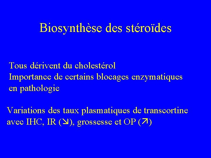 Biosynthèse des stéroïdes Tous dérivent du cholestérol Importance de certains blocages enzymatiques en pathologie