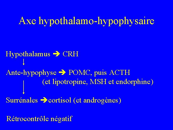 Axe hypothalamo-hypophysaire Hypothalamus CRH Ante-hypophyse POMC, puis ACTH (et lipotropine, MSH et endorphine) Surrénales