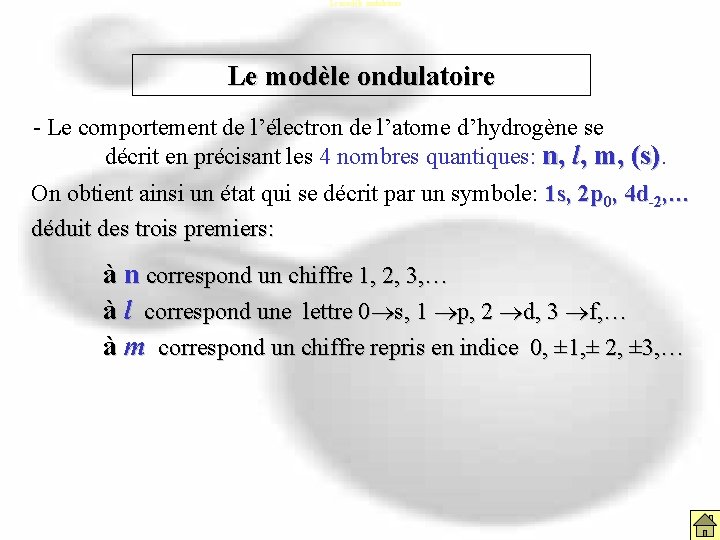 Le modèle ondulatoire - Le comportement de l’électron de l’atome d’hydrogène se décrit en Le modèle ondulatoire - Le comportement de l’électron de l’atome d’hydrogène se décrit en