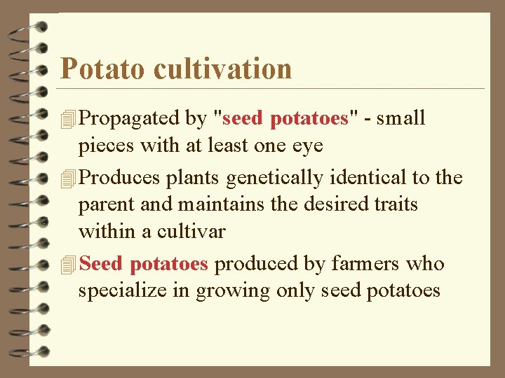 Potato cultivation 4 Propagated by "seed potatoes" - small pieces with at least one