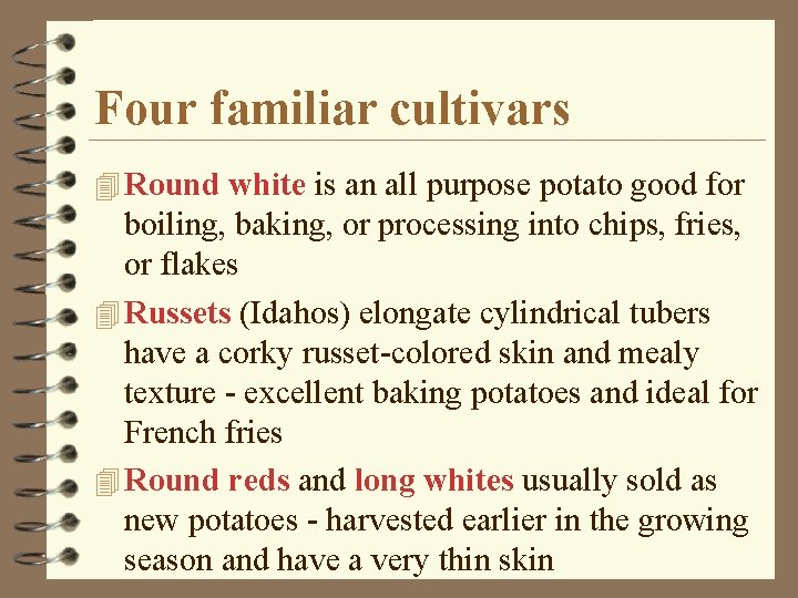 Four familiar cultivars 4 Round white is an all purpose potato good for boiling,