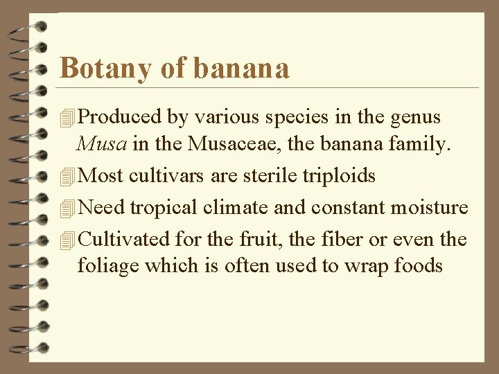 Botany of banana 4 Produced by various species in the genus Musa in the