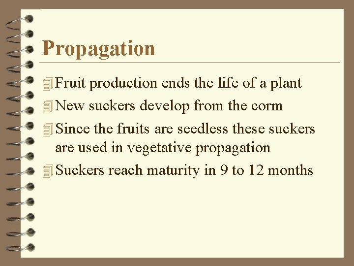 Propagation 4 Fruit production ends the life of a plant 4 New suckers develop