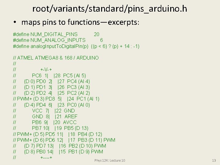root/variants/standard/pins_arduino. h • maps pins to functions—excerpts: #define NUM_DIGITAL_PINS 20 #define NUM_ANALOG_INPUTS 6 #define root/variants/standard/pins_arduino. h • maps pins to functions—excerpts: #define NUM_DIGITAL_PINS 20 #define NUM_ANALOG_INPUTS 6 #define