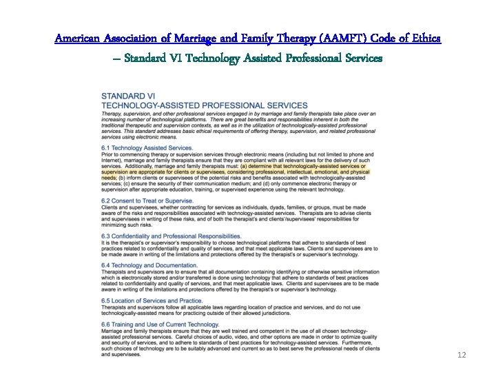 American Association of Marriage and Family Therapy (AAMFT) Code of Ethics – Standard VI