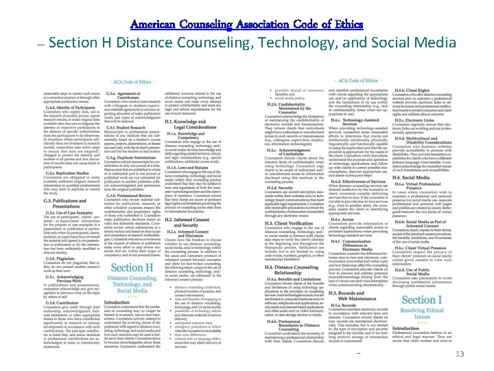 American Counseling Association Code of Ethics – Section H Distance Counseling, Technology, and Social