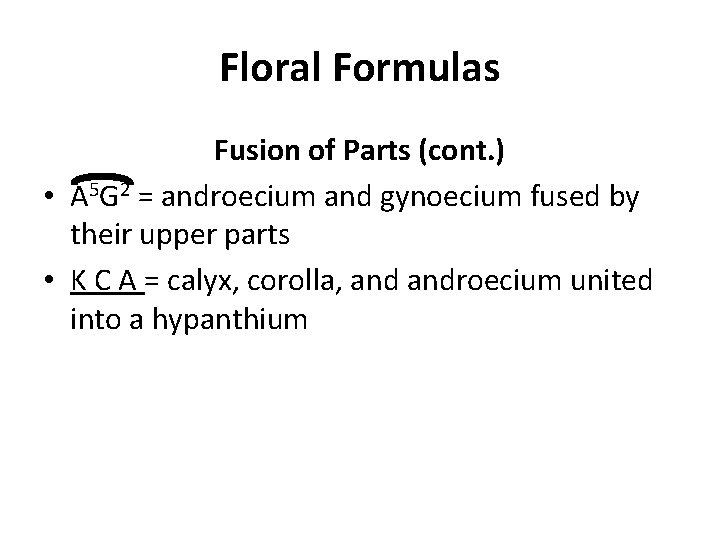 Floral Formulas Fusion of Parts (cont. ) • A 5 G 2 = androecium Floral Formulas Fusion of Parts (cont. ) • A 5 G 2 = androecium