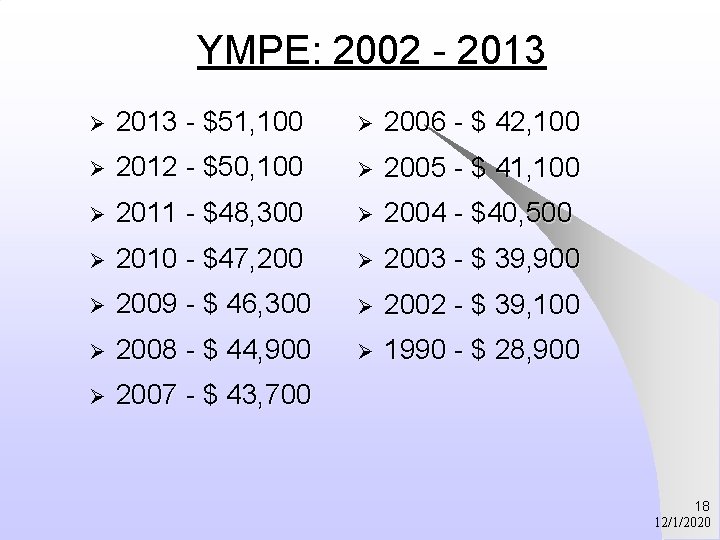 YMPE: 2002 - 2013 Ø 2013 - $51, 100 Ø 2006 - $ 42,