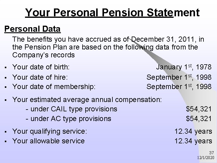 Your Personal Pension Statement Personal Data The benefits you have accrued as of December