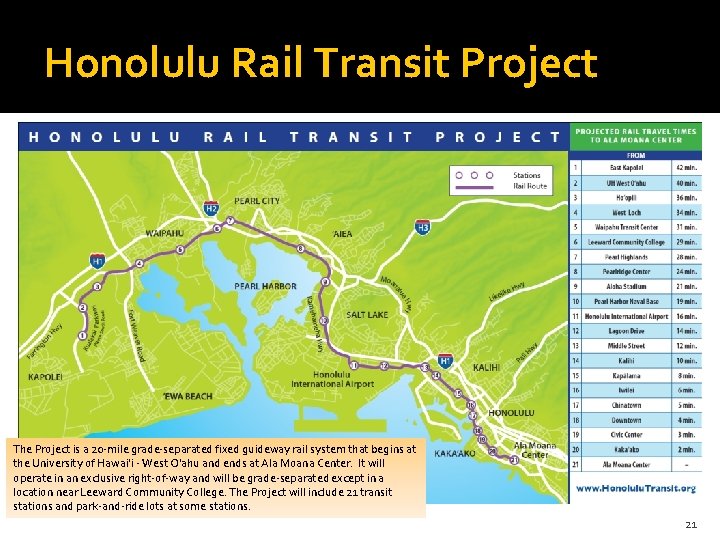 Honolulu Rail Transit Project The Project is a 20 -mile grade-separated fixed guideway rail