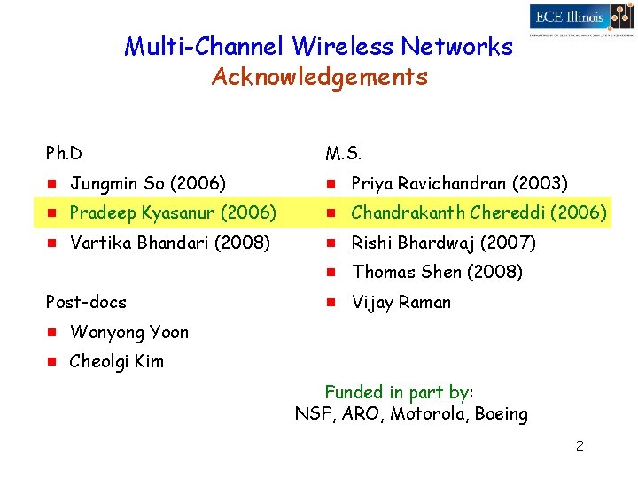 Multi-Channel Wireless Networks Acknowledgements Ph. D M. S. g Jungmin So (2006) g Priya