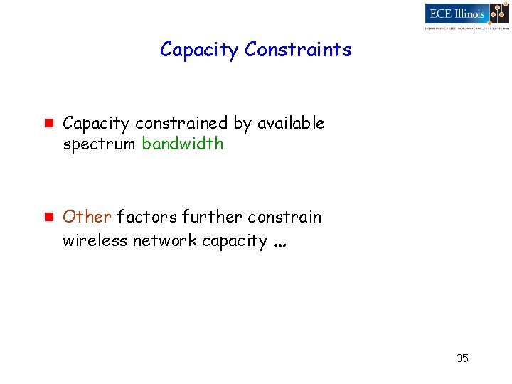 Capacity Constraints g g Capacity constrained by available spectrum bandwidth Other factors further constrain