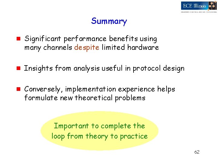 Summary g g g Significant performance benefits using many channels despite limited hardware Insights