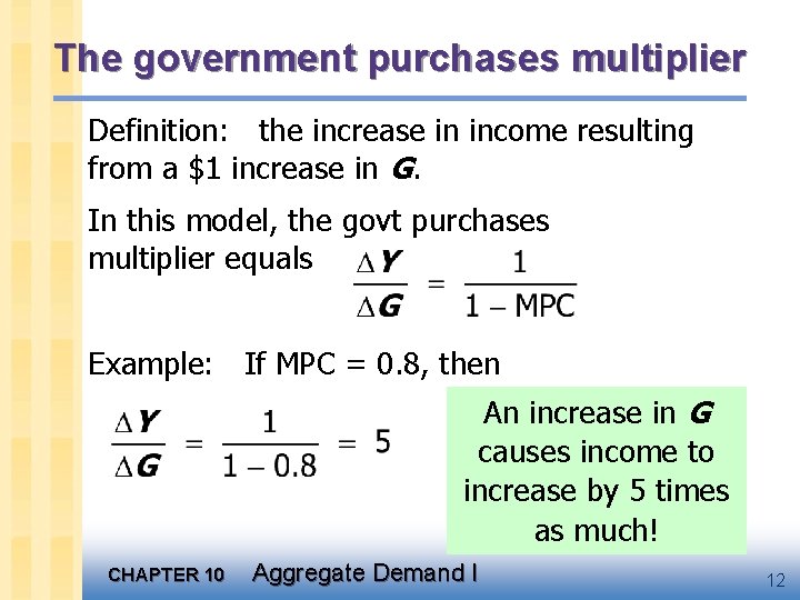 The government purchases multiplier Definition: the increase in income resulting from a $1 increase