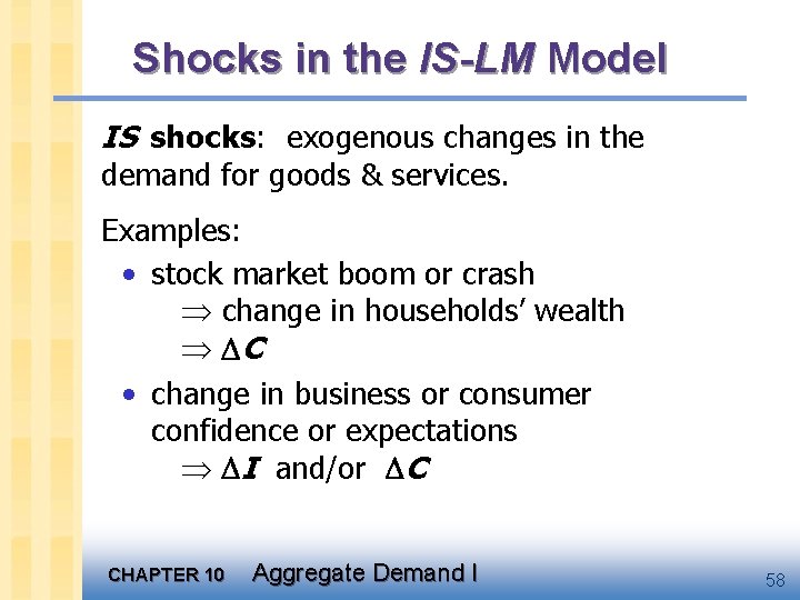 Shocks in the IS-LM Model IS shocks: exogenous changes in the demand for goods