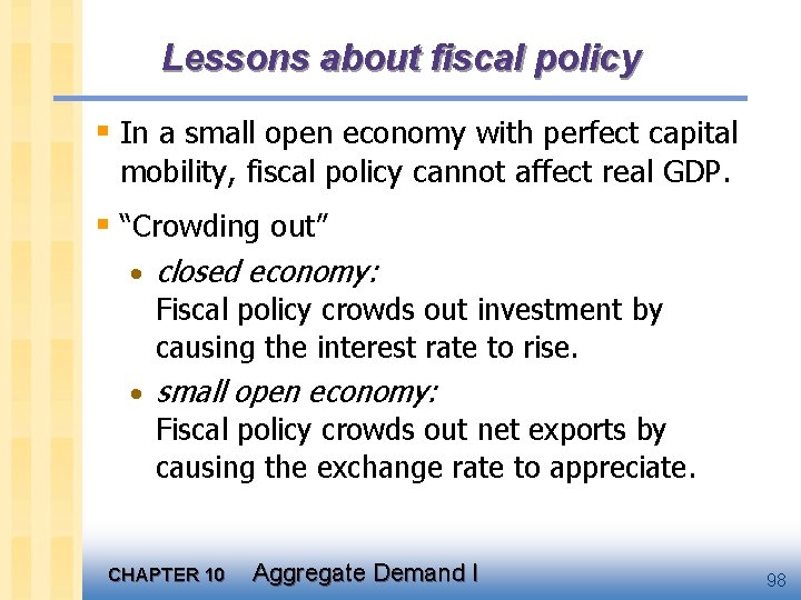 Lessons about fiscal policy § In a small open economy with perfect capital mobility,