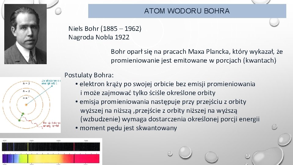 ATOM WODORU BOHRA Niels Bohr (1885 – 1962) Nagroda Nobla 1922 Bohr oparł się