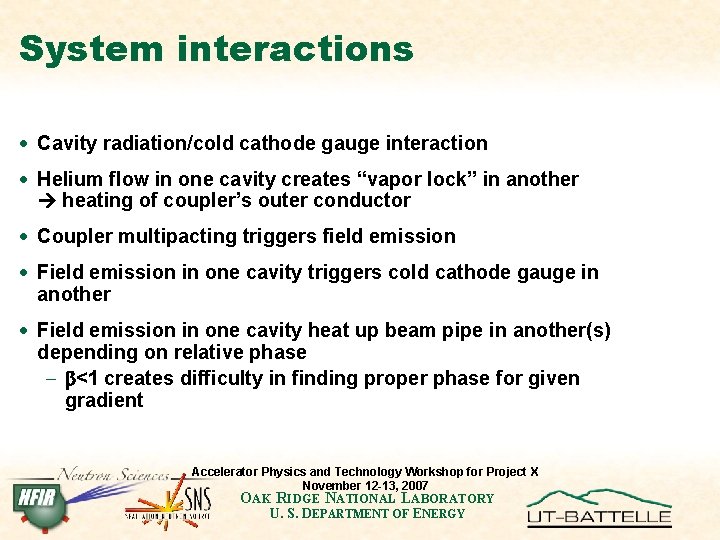System interactions · Cavity radiation/cold cathode gauge interaction · Helium flow in one cavity