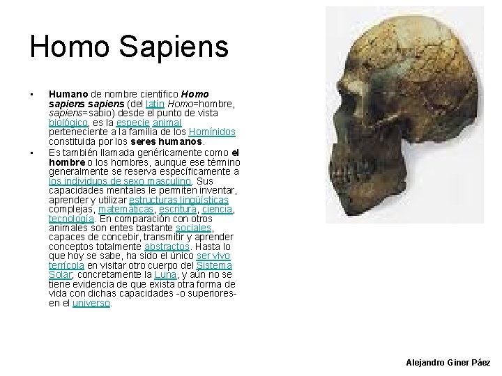 Homo Sapiens • • Humano de nombre científico Homo sapiens (del latín Homo=hombre, sapiens=sabio)